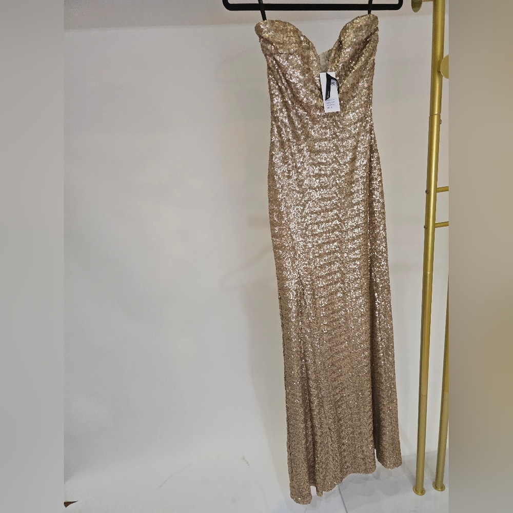 tfnc London Gaynor Gold Sequin Formal Dress 12 NWT Strapless Plunge